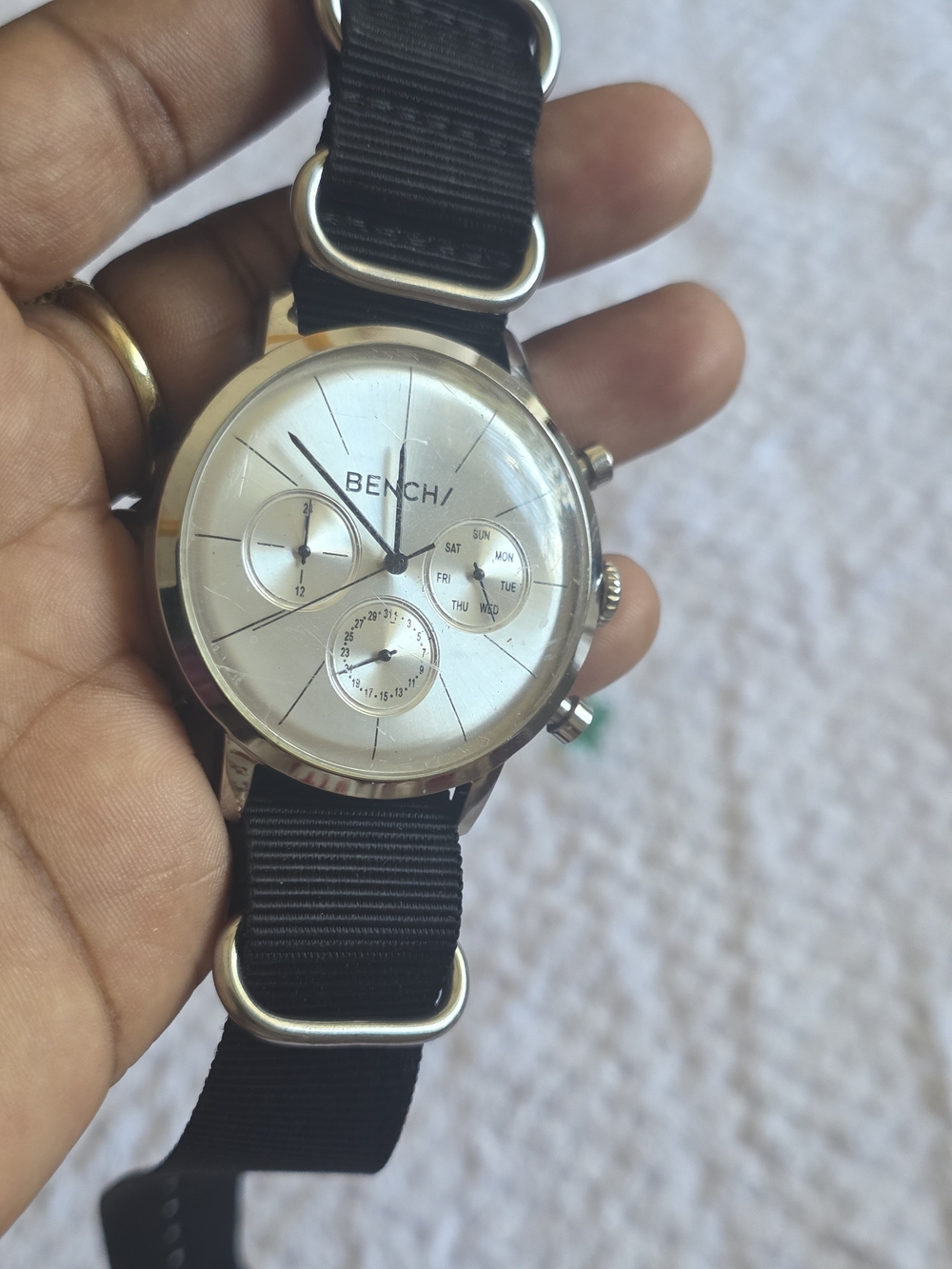 Bench Mens Silver Dial Black Strap Watch Need Battery